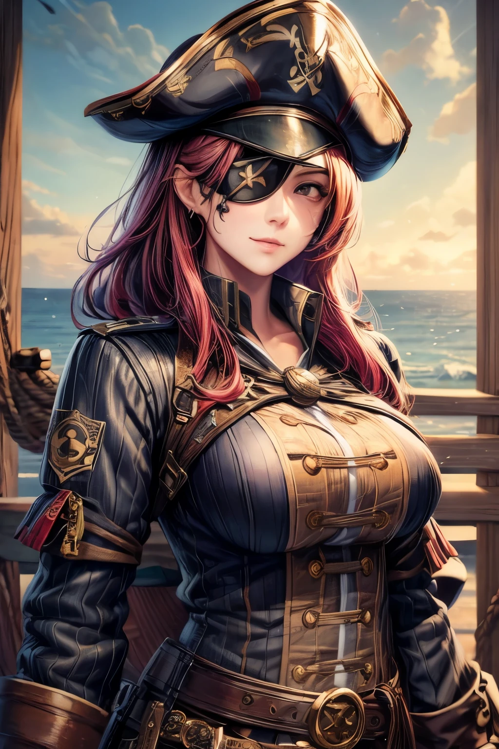 (Ultra-detailed, oil painting style, masterpiece: 1.4), Standing female pirate captain with (eye patch:1.4),
(High resolution: 1.4), (Masterpiece: 1.4), (Vibrant color palette: 1.2), (Photorealistic, dynamic angle: 1.2),
Pirate captain hat, intricately designed, wooden pistol by her side,
(Detailed face, detailed eyes, detailed skin), pirate scar under the eye, smiling with confidence,
(Best quality, 8k), wooden plank background with ropes and nautical symbols,
(Ultra-detailed surroundings, breasts, giga_busty, full clothee, (button gap:-1), long sleeves shirts