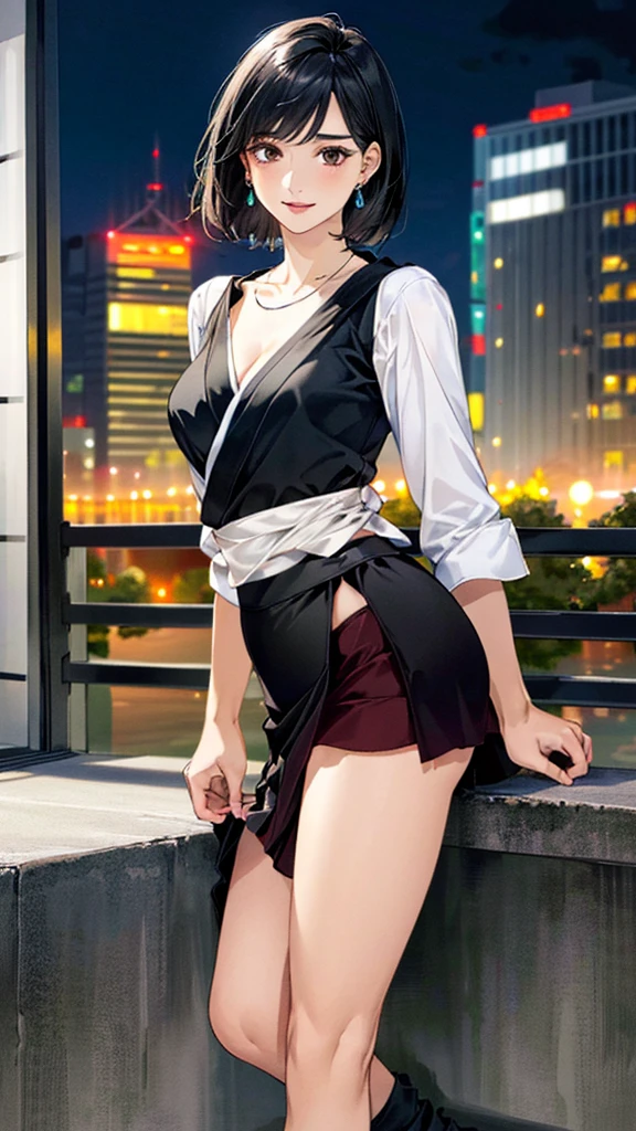 (masterpiece:1.3, Highest quality, Ultra-high resolution, Super detailed), (Realistic, photoRealistic:1.4), Beautiful illustrations, Perfect lighting, colorful, Depth of written boundary,
Beautiful detailed hair, Beautifully detailed face, Beautiful fine details, Beautiful clavicle, Beautiful body, 美しいLarge Breasts, Beautiful thighs, Beautiful feet, Beautiful fingers,
View Viewer、Front view:0.6, Beauty1人, Japanese, Beauty、30 years old, Perfect Face, (Perfect Anatomy, Anatomically correct), Cute and symmetrical face, Baby Face, , Shiny skin,
((shirt:1.4)), ((Long draped skirt:1.5))、
(Black Hair, Super Short Hair:1.4), Dark brown eyes, (Large Breasts:1.1, Slim body),
necklace, (Small earrings:1.3),
(Beautiful views), (night), (city, cityscape in the distance), Are standing, A soft smile、(Smile, Lips parted),