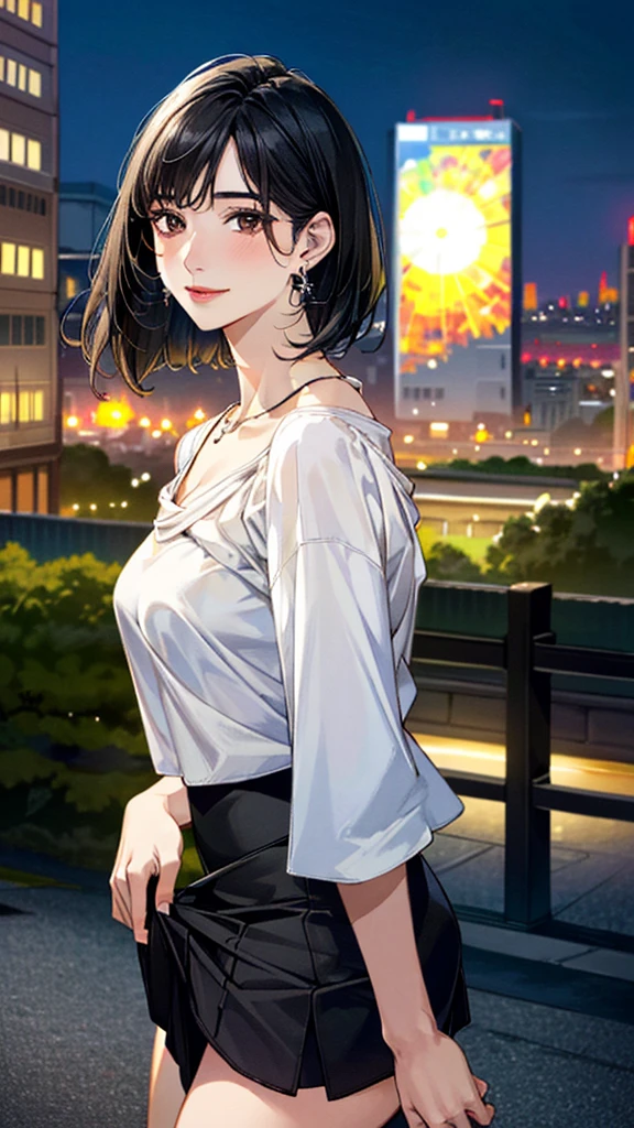 (masterpiece:1.3, Highest quality, Ultra-high resolution, Super detailed), (Realistic, photoRealistic:1.4), Beautiful illustrations, Perfect lighting, colorful, Depth of written boundary, Beautiful detailed hair, Beautifully detailed face, Beautiful fine details, Beautiful clavicle, Beautiful body, 美しいLarge Breasts, Beautiful thighs, Beautiful feet, Beautiful fingers, View Viewer、Front view:0.6, Beauty1人, Japanese, Beauty、30 years old, Perfect Face, (Perfect Anatomy, Anatomically correct), Cute and symmetrical face, Baby Face, , Shiny skin, ((Bordeaux sweater:1.4)), ((Garter skirt 1.5))、 (Black Hair, Wave、Short Hair:1.4), Dark brown eyes, Large Breasts, Slim body, necklace, (Small earrings:1.3), (Beautiful views), (night), (city, cityscape in the distance), Are standing, A soft smile、(Smile, Lips parted),