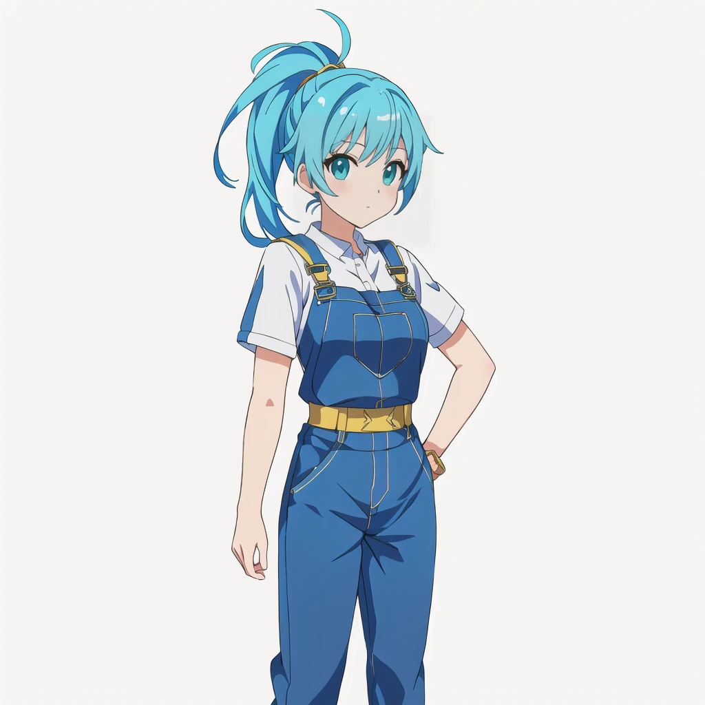 Highest quality, high resolution, High quality anime art style, Official Art, Smooth anime CG art, Stylized anime, Cute 3D anime girl render, Visual Novel Sprites, White background, whole body, Anime-style 3D, Smooth anime CG art, humanoid woman, JRPG Characters, Anime woman with blue hair and blue overalls, Turquoise hair anime girl, ponytail, Neat hair, 18-year-old