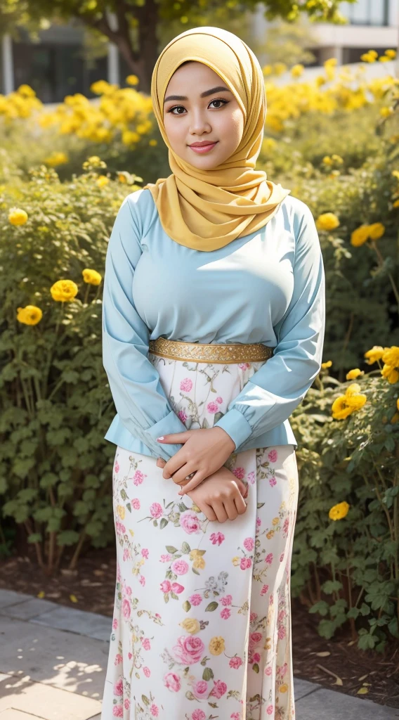 RAW, Best quality, high resolution, masterpiece: 1.3), Beautiful Malay woman in hijab, Masterpiece, perfect fit body, ((Big breasts)), beautiful big eyes, Soft smile,Muslim Woman in light blue floral pleated skirt and yellow blouse standing in the flower garden, feminine in cute pastel colors, wearing an elegant outfit, feminine in pastel shades, yellow and light blue outfit, white hijab, cream colored Blouse, inspired from Ni Yuanlu, Malay, wearing blouse, hijab, beautiful image, she smiles, smooth turtleneck, necklace , hairband, evening walk, City park, Great lighting, Bright colors, Clean lines