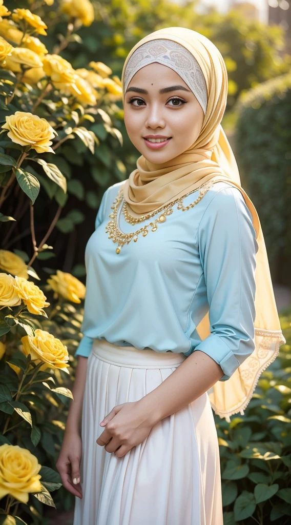 RAW, Best quality, high resolution, masterpiece: 1.3), Beautiful Malay woman in hijab, Masterpiece, perfect fit body, ((Big breasts)), beautiful big eyes, Soft smile,Muslim Woman in light blue floral pleated skirt and yellow blouse standing in the flower garden, feminine in cute pastel colors, wearing an elegant outfit, feminine in pastel shades, yellow and light blue outfit, white hijab, cream colored Blouse, inspired from Ni Yuanlu, Malay, wearing blouse, hijab, beautiful image, she smiles, smooth turtleneck, necklace , hairband, evening walk, City park, Great lighting, Bright colors, Clean lines