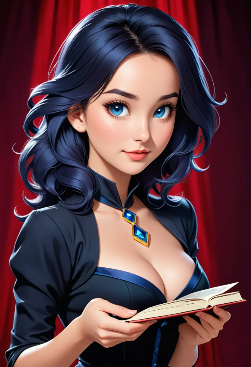 young woman, 21 years old, revealing magician&#39;s robe, wide hips, lush breasts, staff, playful smile.