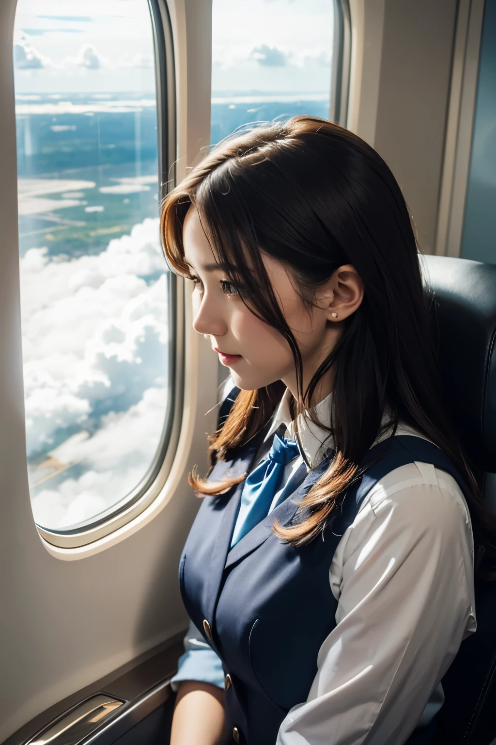Beautiful woman looking out the window on an airplane, banker costume, (looking_front), Clouds outside the window,