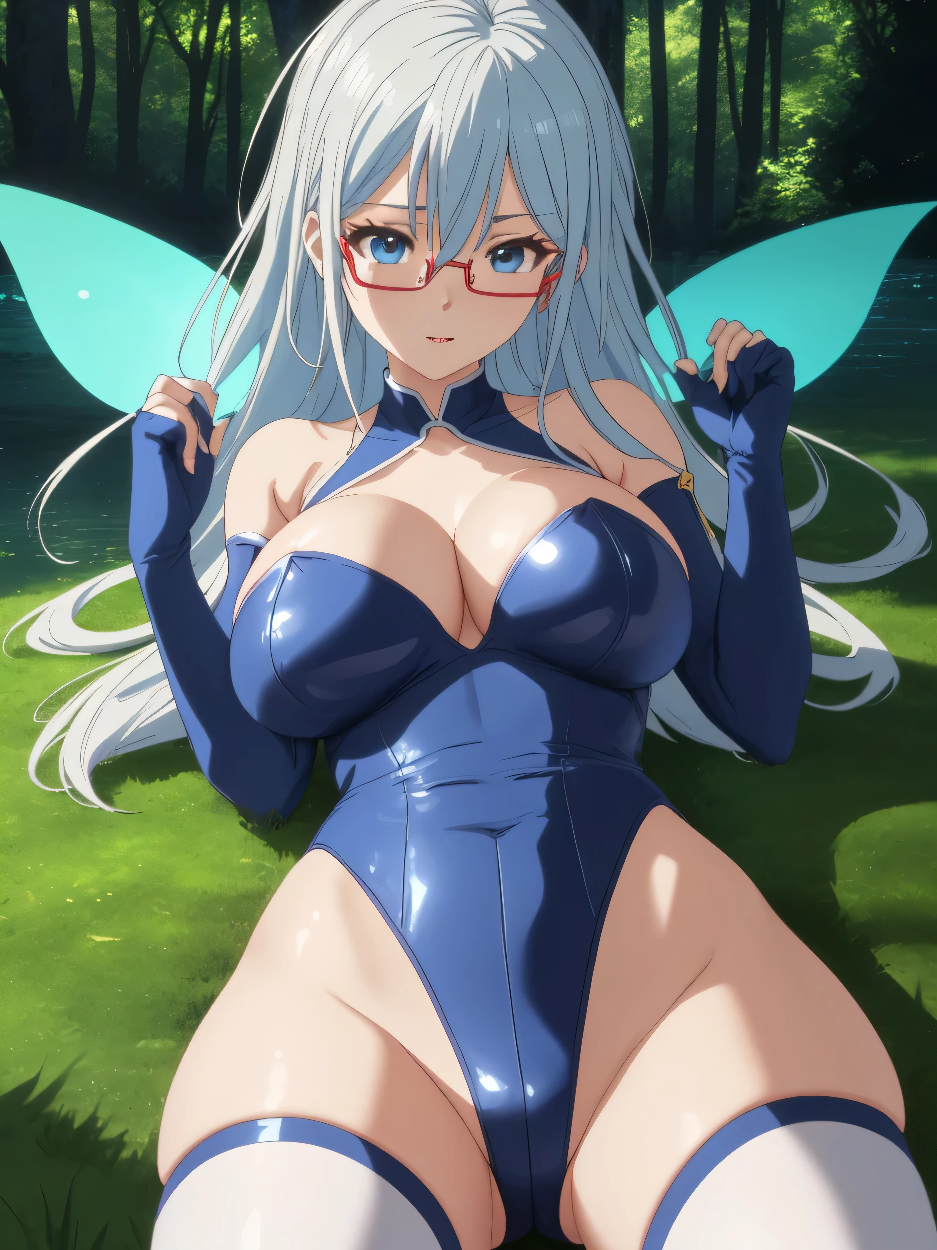 eleonora bonnefoy, sexy, (doggy style: 1.2), table top, (penetration: 1.2), silver hair, blue eyes, curvy body, fairy wings, (blue high leg leotard), (big breasts: 1.6), beautiful cleavage, (green elbow gloves), wide hips: 1.2, big ass: 1.3, (leaf skirt), (lying on back, sexy legs spread, wide), (four fingers, one thumb), (filming, front, from below), (deep forest background, lake, lakeside, grass, on grass), (ultra-detailed animation, 32K ultra-high quality, masterpiece)