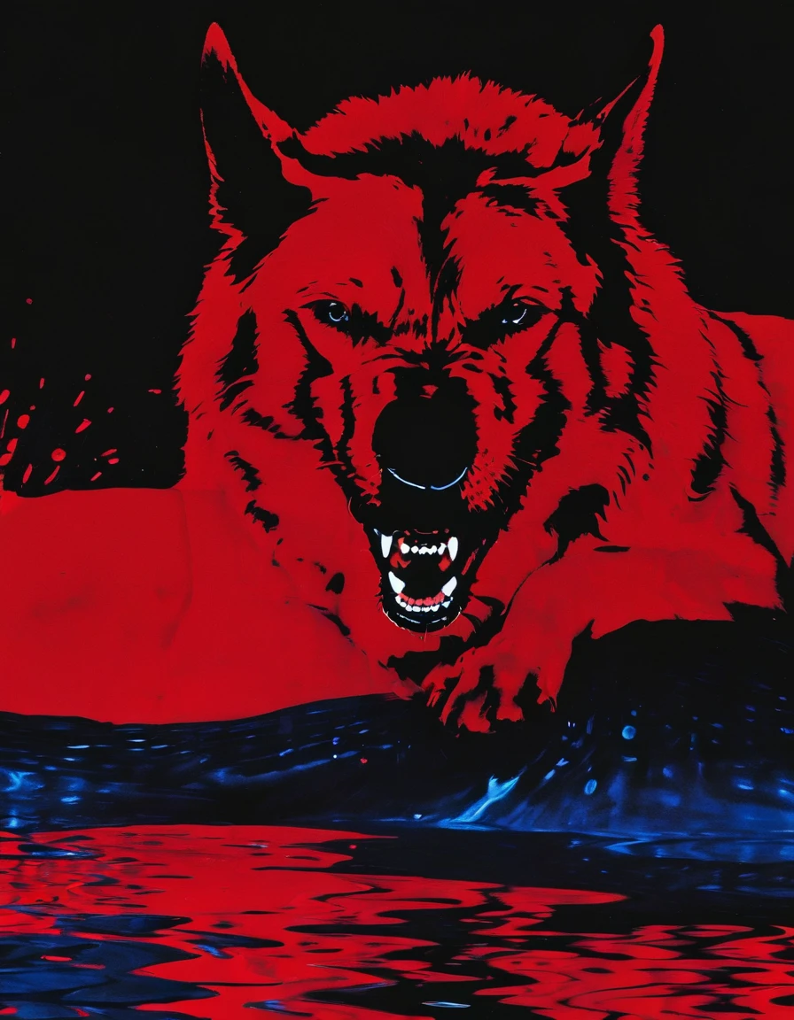 wolf running in water, red winter forest background