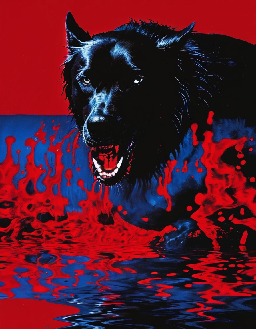 giant angry black dog in red water at night, blue background