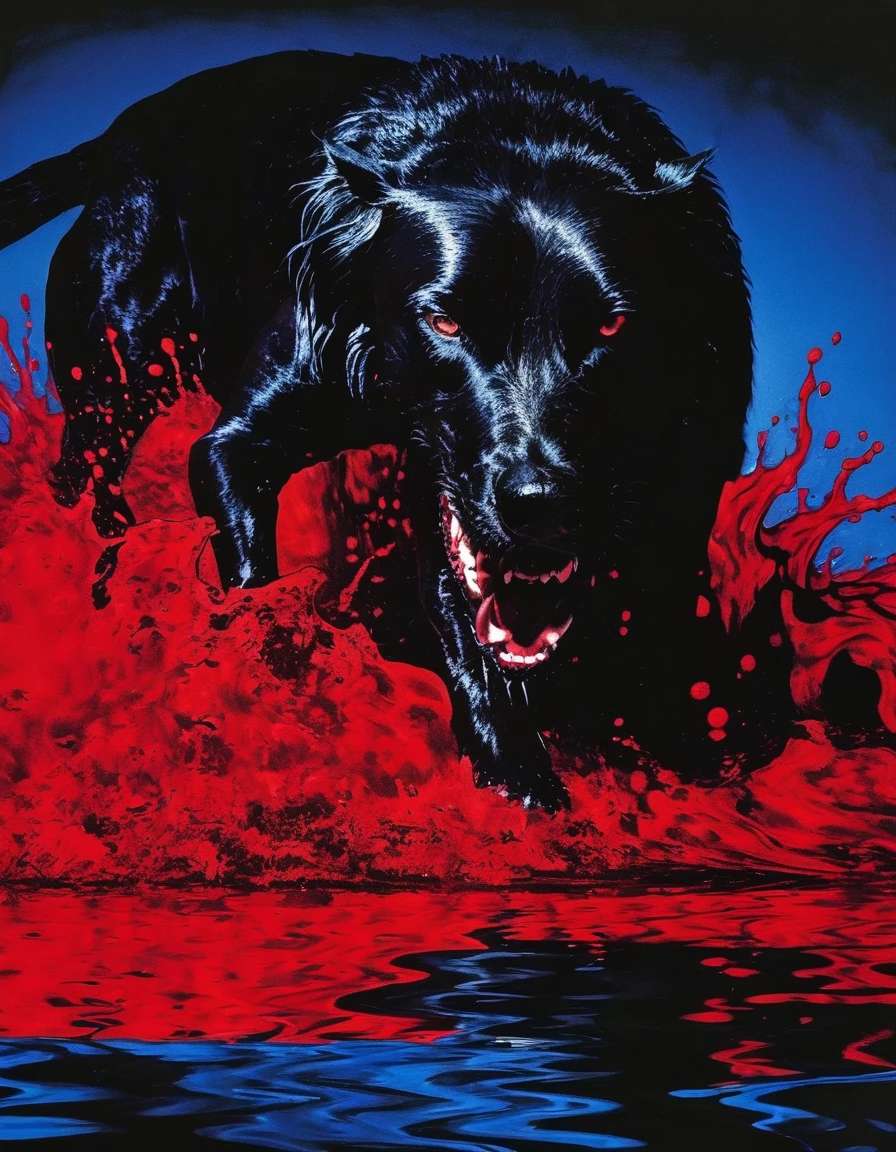 giant angry black dog in red water at night, blue background