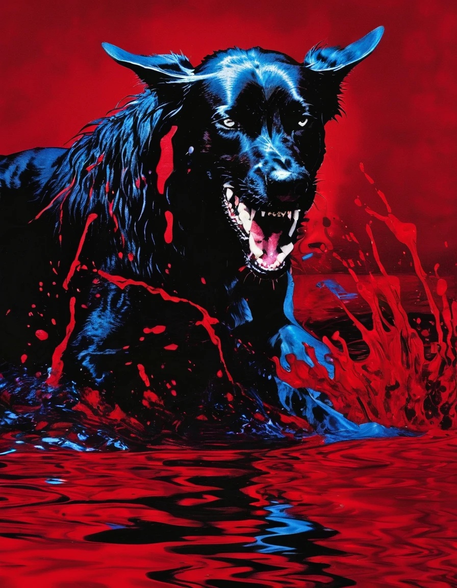 giant angry black dog in red water at night, blue background