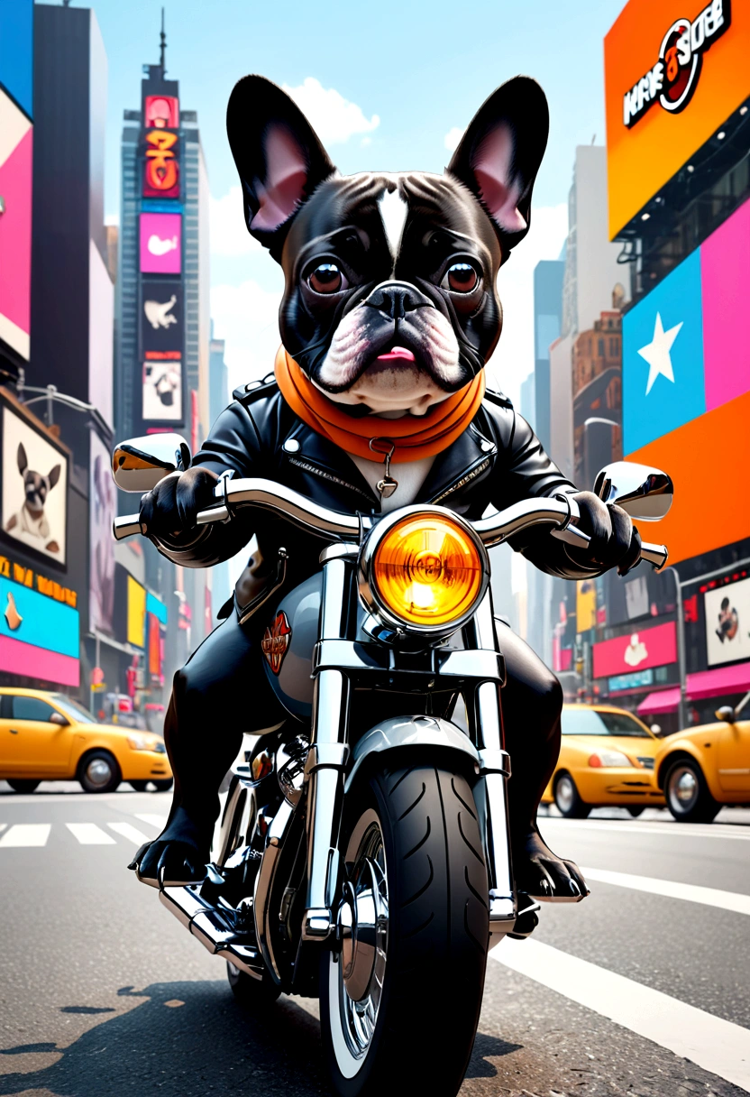 (Highest quality,4K,8k,High resolution,)Times Square at noon、Infinity symbol,3D Model,Colorful colors,Landscape Background、pop、From the central viewer'Perspective、Grey French Bulldog riding a Harley Davidson in street fashion style、Multiple French Bulldog Bike Buddies。Very delicate