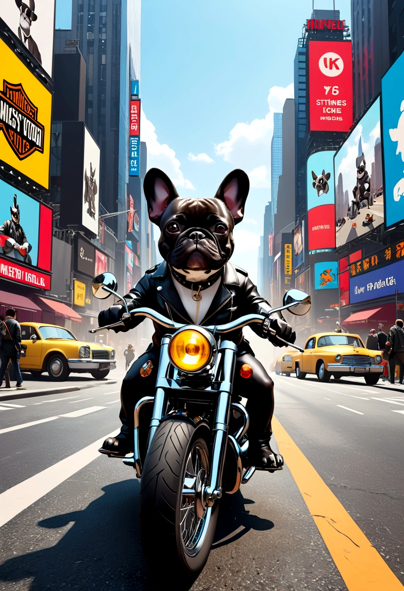 （Highest quality，4K，8k，High resolution，）Times Square at noon、Infinity symbol，3D Model，Colorful colors，Landscape Background、pop、From the central viewer&#39;Perspective、Grey French Bulldog riding a Harley Davidson in street fashion style、Multiple French Bulldog Bike Buddies。Very delicate