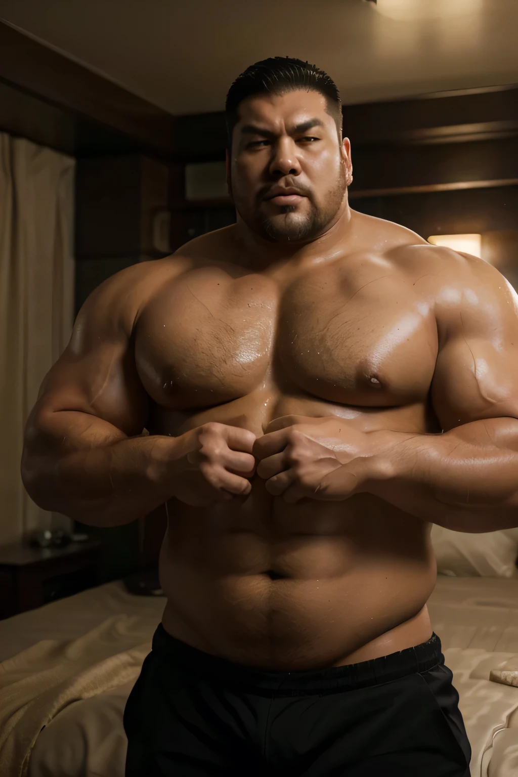 Asian,Handsome man,Inadequate clothing,Brunette color hair,A large man with strong muscles and some fat, Angry in the bedroom, Gorgeous reality, photograph,Complicated stuff, Complex background, Wet, In neutral colors, Complex Scenes, Art Station, Intricate details, Vignette