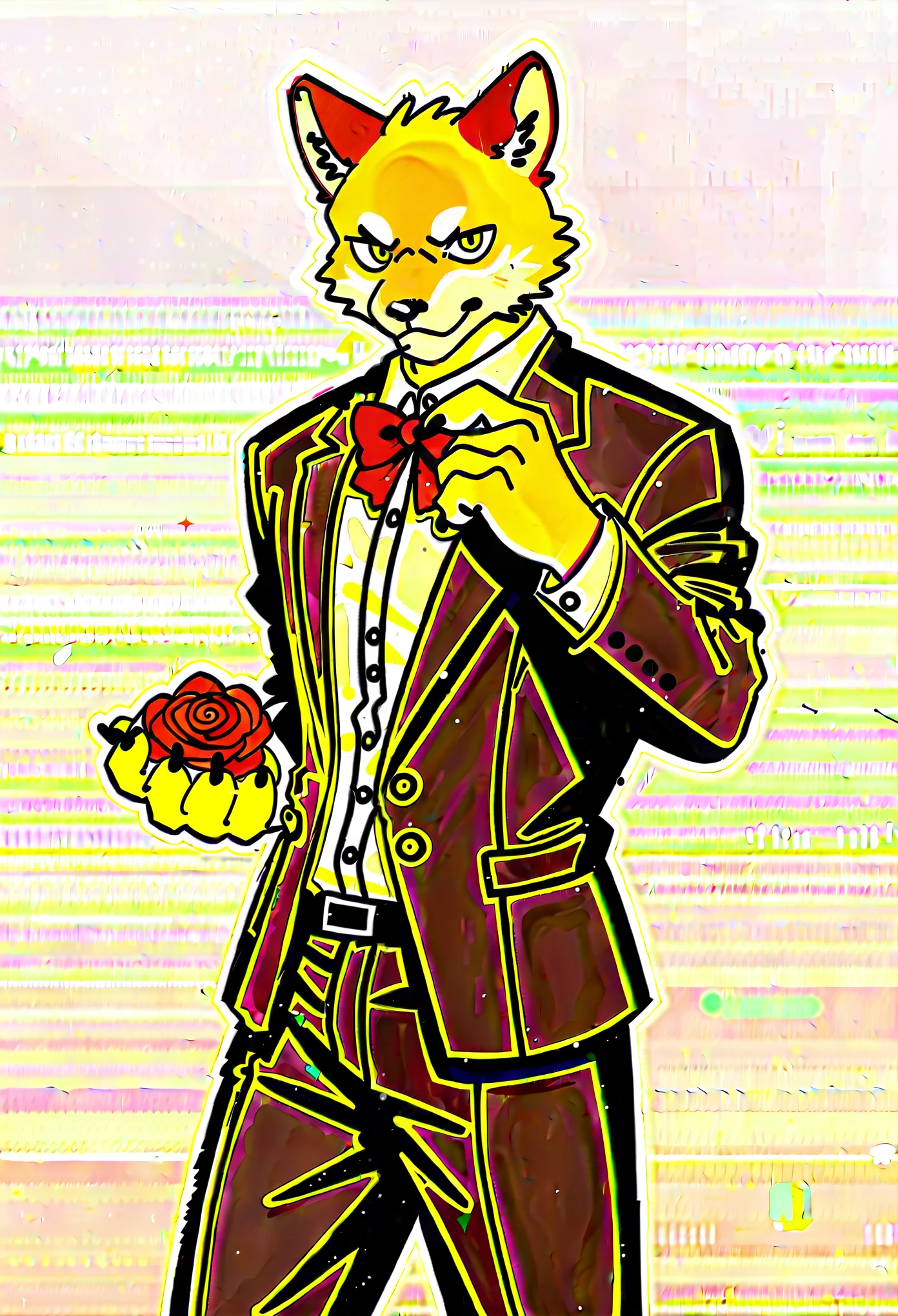 Watercolor elements, 1boy, kemono, furry, detailed body fur, animal face, animal hand, Handsome boy in tuxedo holding a red rose and looking at viewer,