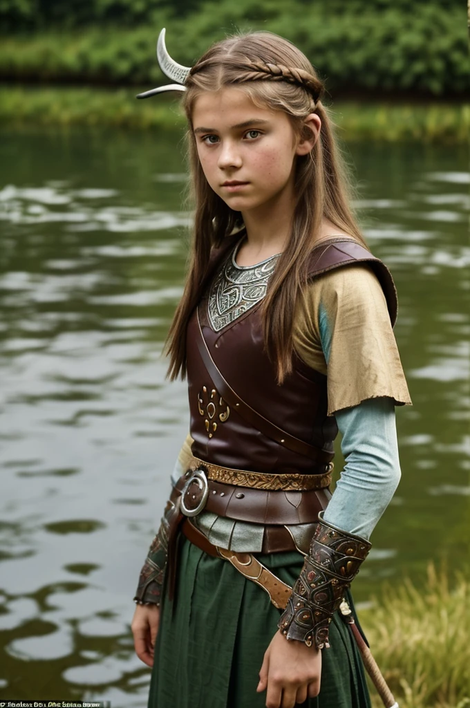 England, 878. close-up of a A young ((((-yeld)) da)), viking girl, fierce, very thin and skinny ((((viking clothings from the 870s)))), ((dark brunette hairstyle of the 870s)), ((colorful, Monet))