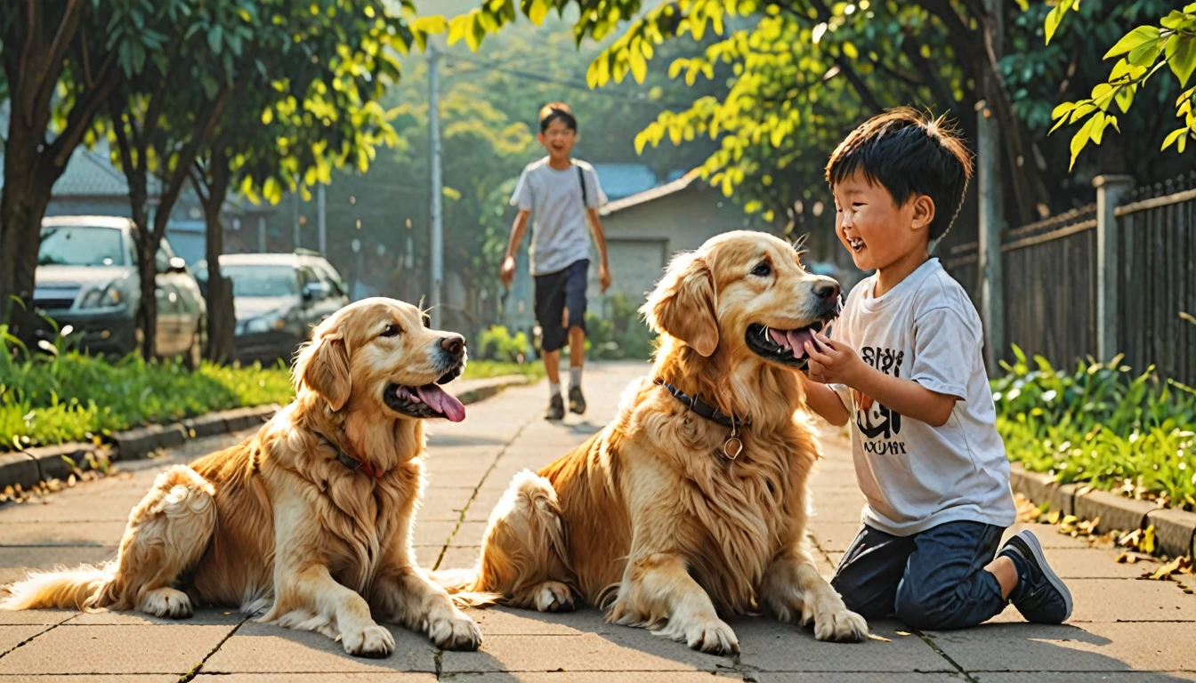 The author plays with his golden retriever Lucky as a boy.。Lucky watches over the author with kindness、The innocent boy's smile is shining