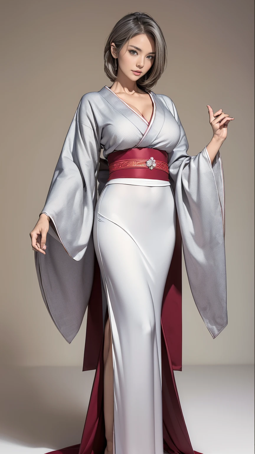 ((masterpiece,best quality,8k,highres)),((character concept art)), 1 female, mature female, Asian, grandmother, milf, sexy, lustful, 50 years old, 160 cm height, (medium length grey hair), grey hair, (fair skin colour), ultra finely detailed eyes (brown eyes colour), extraordinary gorgeous, seductive, flirtatious, calm, friendly, perfect body build ((slim, busty)), ((intricate detail)), super finely detailed hands, ultra finely detailed fingers(((ten fingers))), wearing traditional kimono, sex symbol, ex-courtesan, (standing still), (full body showcase), (show full body), (no logos on background), (no logo), ((plain background)), ((plain background)), (((empty background)))