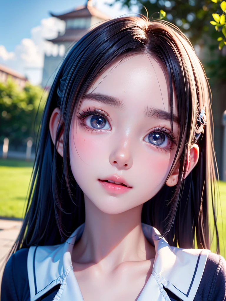 One Girl,(1人のとてもcute女の子:1.3),masterpiece,Highest quality,High resolution,Photorealistic,RAW Photos,Ray Tracing,beautiful girl,(:1.3),cute,Big eyes,(detailed pupils:1.2),(The face is facing straight ahead:1.3),Body facing forward,Beautiful nose,Fuller lips,Short black hair,ponytail,short hair,Detailed eyelashes,Thin eyebrows,Very fine grain definition,(Symmetrical eyes:1.3),(Face close-up,Face Focus:1.0),Small breasts,White and navy blue sailor suit,uniform,grassland,Blue sky and white clouds,Portrait,View Viewer,From below,Cinema Lighting,High resolution,Very detailed