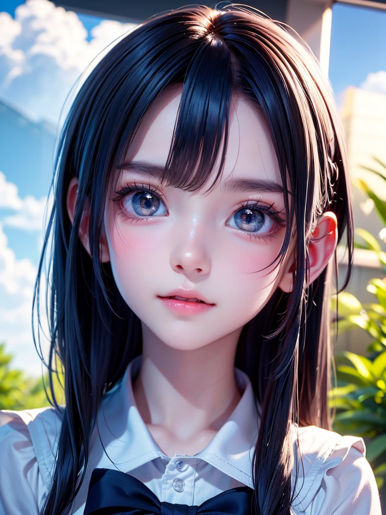 One Girl，(1人のとてもcute女の子:1.3)，masterpiece，Highest quality，High resolution，Photorealistic，RAW Photos，Ray Tracing，beautiful girl，(:1.3)，cute，Big eyes，(detailed pupils:1.2)，(The face is facing straight ahead:1.3)，Body facing forward，Beautiful nose，Fuller lips，Short black hair，ponytail，short hair，Detailed eyelashes，Thin eyebrows，Very fine grain definition，(Symmetrical eyes:1.3)，(Face close-up，Face Focus:1.0)，Small breasts，White and navy blue sailor suit，uniform，grassland，Blue sky and white clouds，Portrait，View Viewer，From below，Cinema Lighting，High resolution，Very detailed