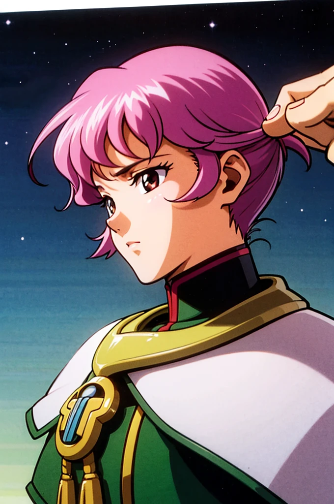 Highest quality, masterpiece, High resolution, alone, （Haman Khan），（機動戦士ZGundam），（Zeon_uniform），（Black‗Mantle），（pink_Hair Color），Gundam，Cybele，（Funnel）、Bob haircut，Bangs‗Hairstyle，Young Girl，Starry Sky_background，Anime Style, Highest quality, 4k, masterpiece,， alone, 1,whole body，looking at the camera, Shinkai Makoto style, Sharp Eyes，（Full Finger）, （Accurate fingertips）, （The finer details）, （Anatomically correct）, (映画のbackground), Hyper Detail, (Subtle details), (Intricate details),