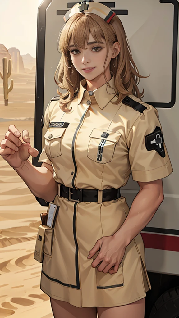 (masuter piece, best quality, very detailed), (fine face), 1 women, nurse、standing、from the waist up、golden hair、curly hair、bangs、lots of bangs、brown Eyes、Slight smile、nurse uniform , (in desert:1.5) , (ambulance:1.5)