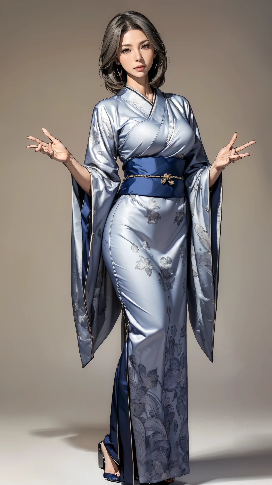 ((masterpiece,best quality,8k,highres)),((character concept art)), 1 female, mature female, Asian, grandmother, milf, sexy, lustful, 50 years old, 160 cm height, (medium length grey hair), grey hair, (fair skin colour), ultra finely detailed eyes (brown eyes colour), extraordinary gorgeous, seductive, flirtatious, calm, friendly, perfect body build ((slim, busty)), ((intricate detail)), super finely detailed hands, ultra finely detailed fingers(((ten fingers))), wearing traditional kimono, sex symbol, ex-courtesan, (standing still), (full body showcase), (show full body), (no logos on background), (no logo), ((plain background)), ((plain background)), (((empty background)))