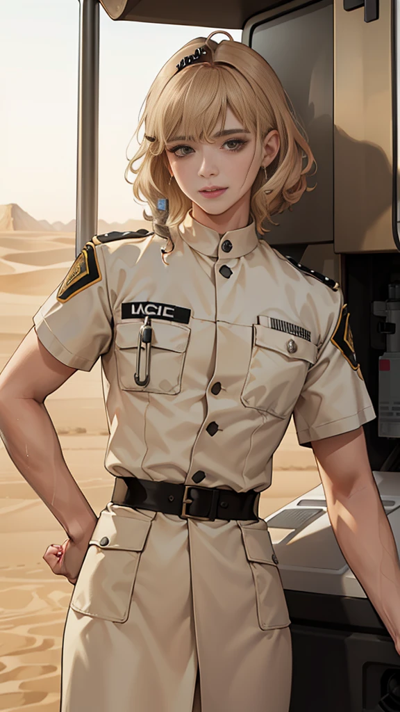 (masuter piece, best quality, very detailed), (fine face), 1 women, nurse、standing、from the waist up、golden hair、curly hair、bangs、lots of bangs、brown Eyes、Slight smile、nurse uniform , (in desert:1.5) , (ambulance:1.5)