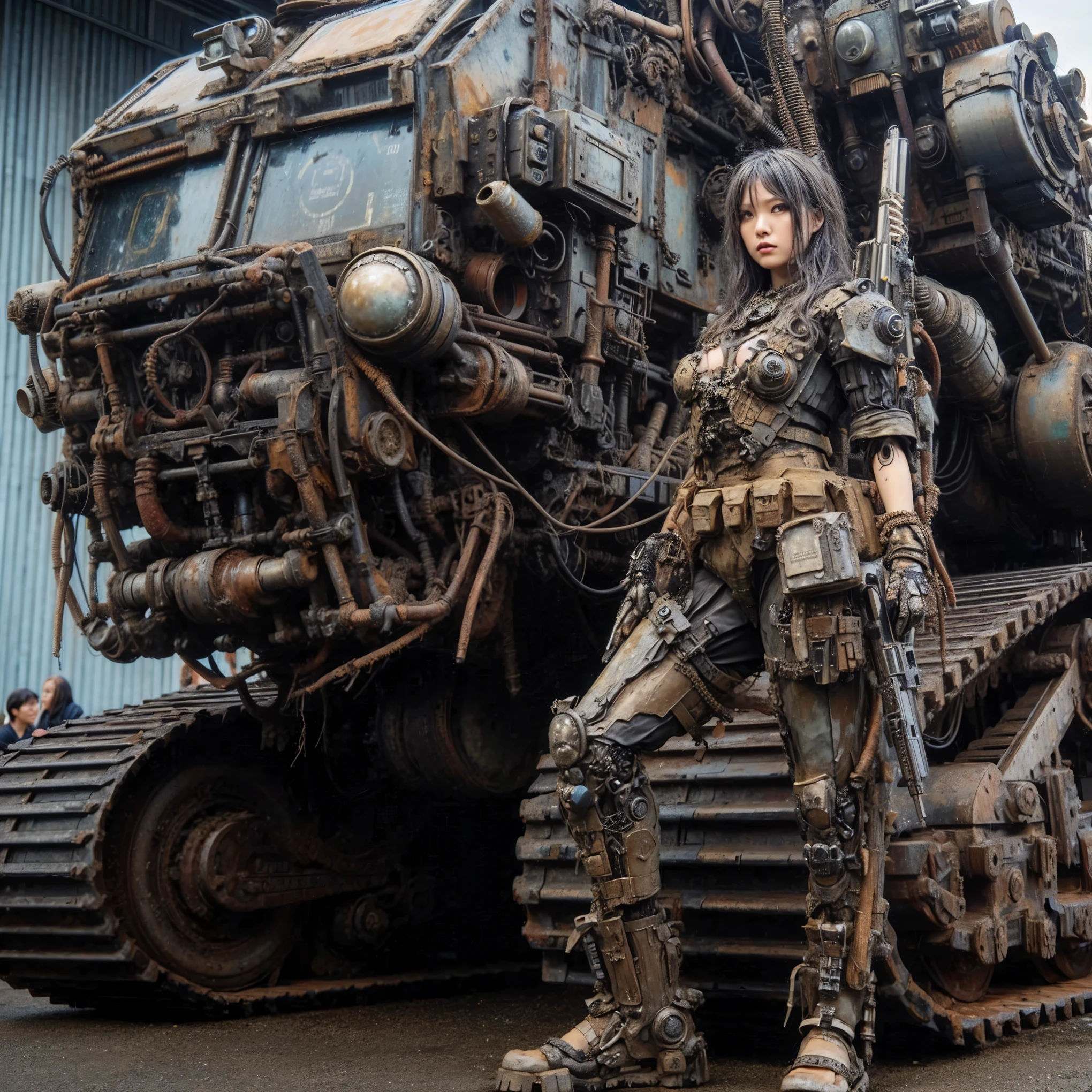 Dystopian night scene, hydraulic cylinders, very intricate details, Japanese woman in skeleton-like armor, beautiful face, legs, poses in motion, super realism, realistic photography, taken with Fuji film X-T30+Nokton. HDR10