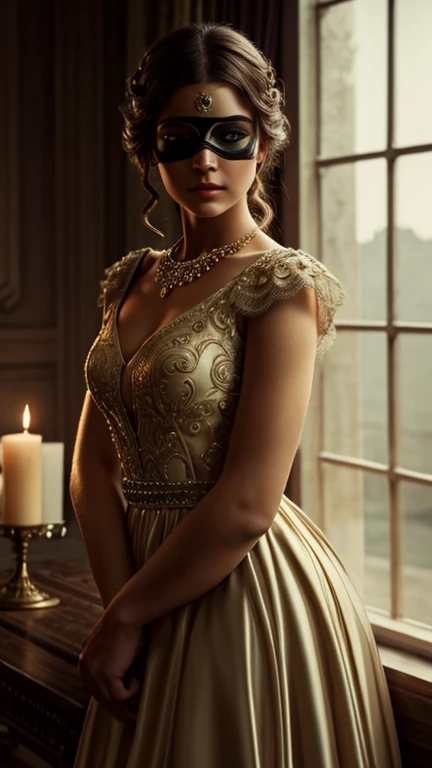 A beautiful girl wearing an eyepatch, detailed face and eyes, intricate jewelry, elegant dress, soft lighting, fantasy atmosphere, cinematic composition, muted color palette, dramatic lighting, photorealistic, masterpiece