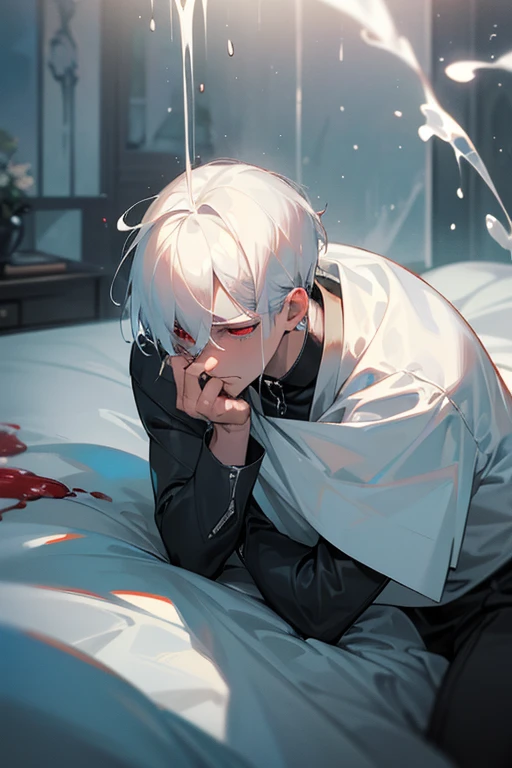 White-haired, red-eyed handsome man、Cold-blooded man、Cold Face、Well-formed face、Massive 、Male orgasm、sperm、semen、erection、Male、male、I sat down、Fatigue、Male、male、short hair、Black Shirt、See-through clothing、Disarray、Pushed onto the bed、Dick、Exposed male genitalia、、White sludgy、cum squirting、White, sticky love juice、Massive 