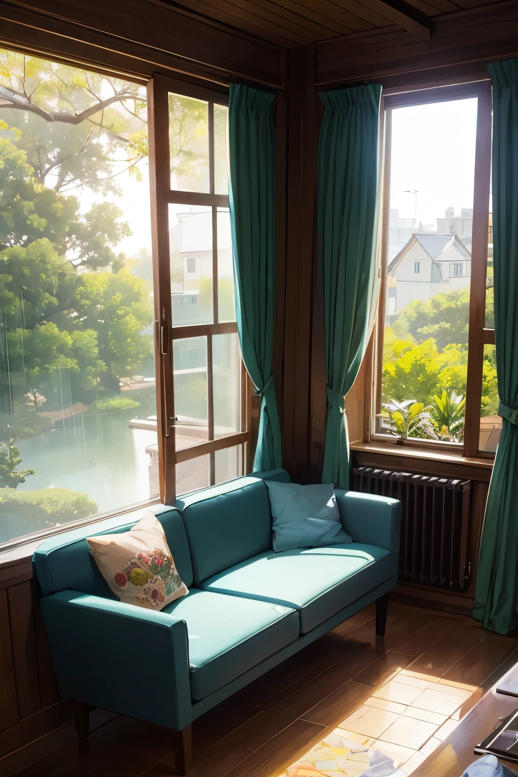 A house window with a small sofa next to it.Overlooking nature.At night with rainy weather.
