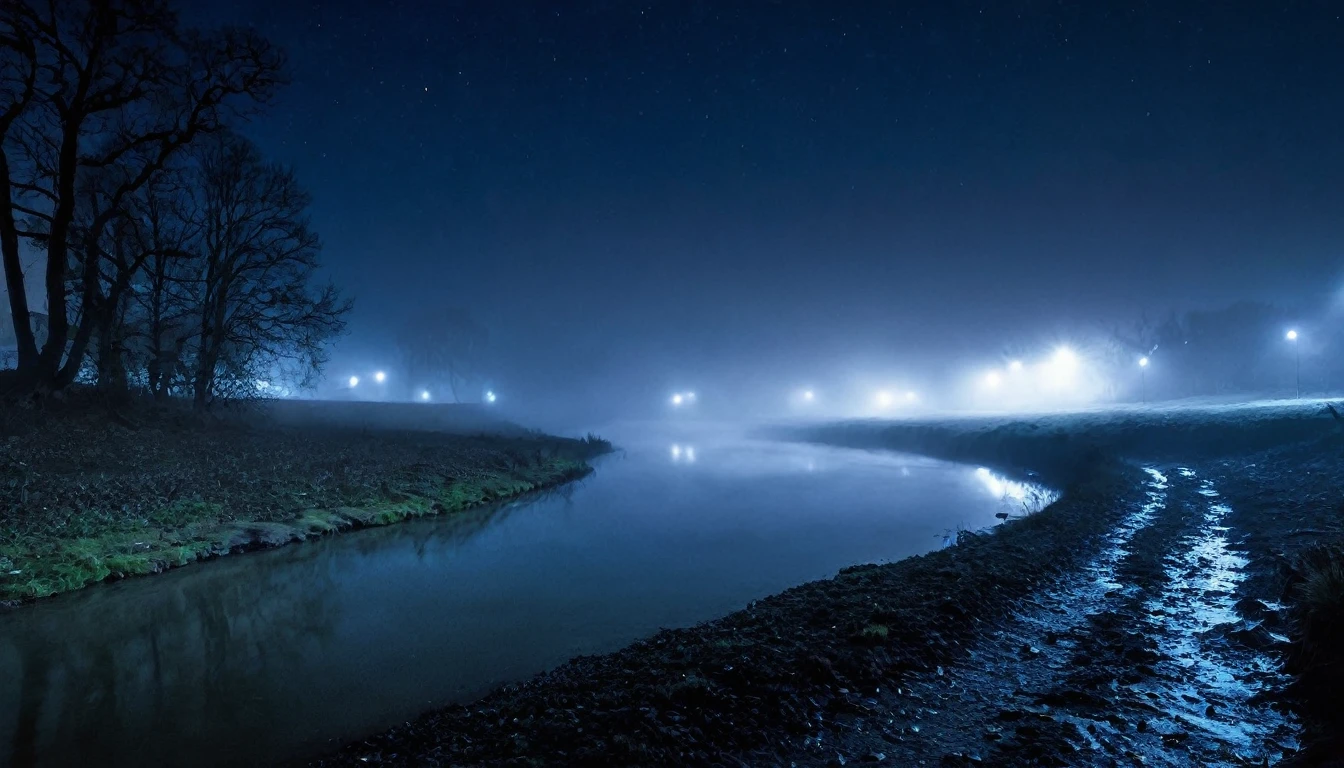  A mist-covered river at night