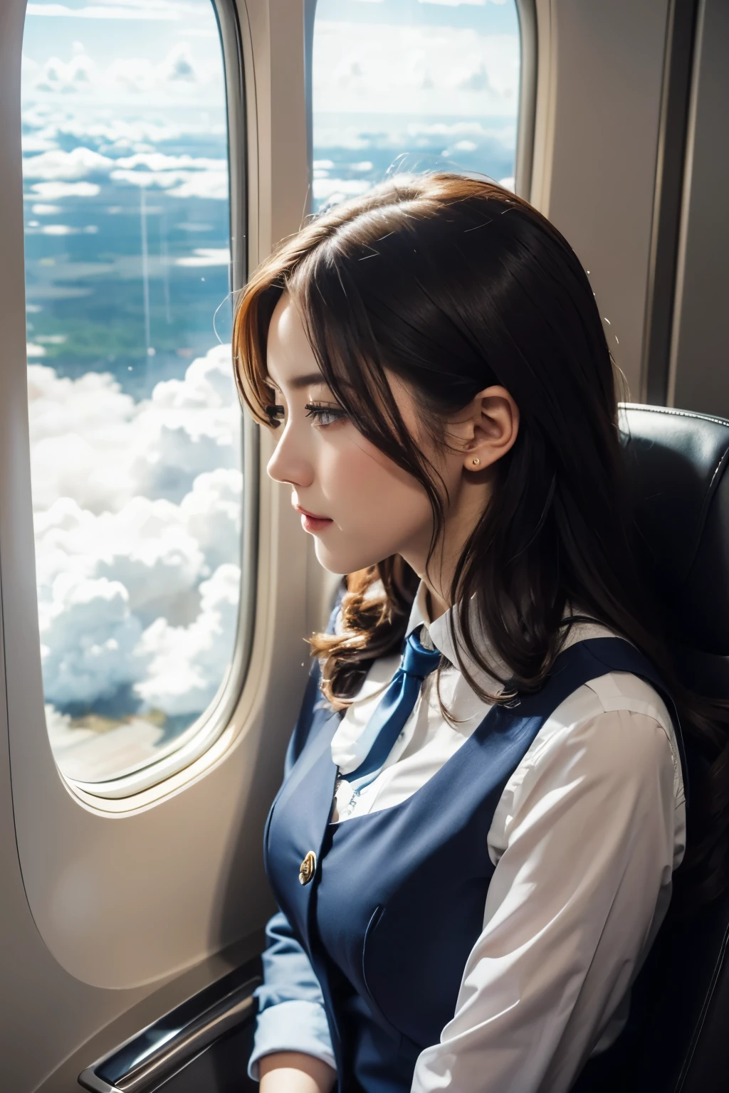 Beautiful woman looking out the window on an airplane, banker costume, (looking_front), Clouds outside the window,