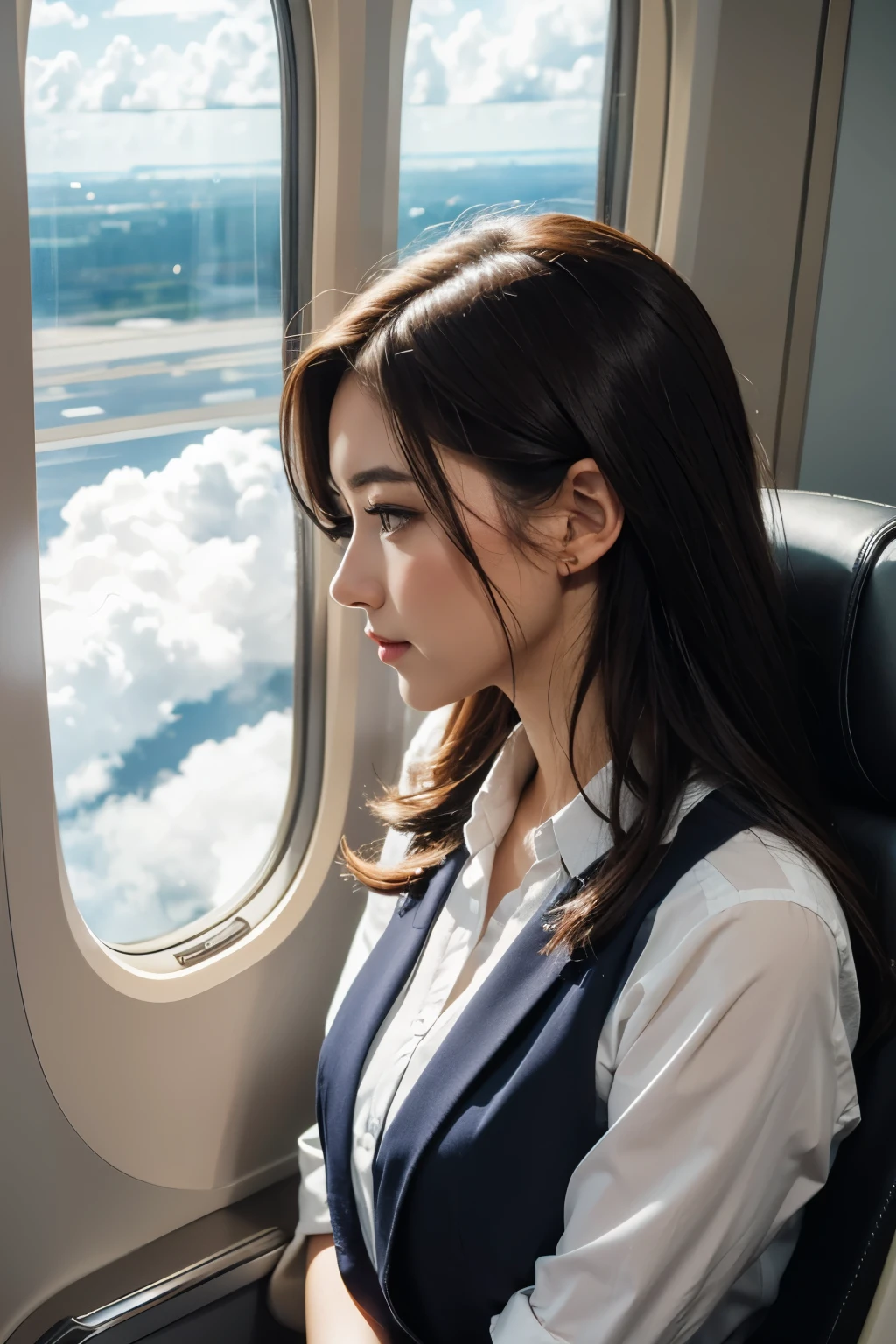 Beautiful woman looking out the window on an airplane, banker costume, (looking_front), Clouds outside the window,