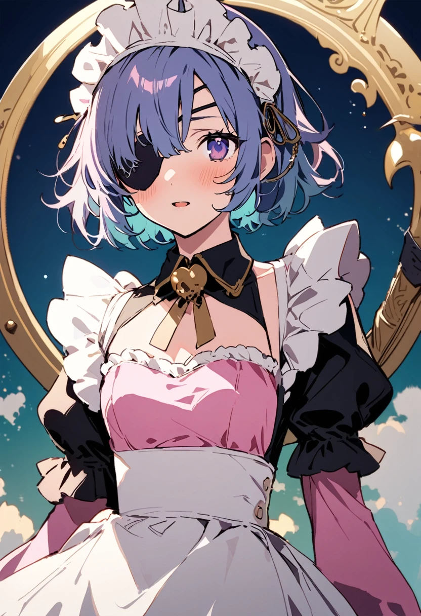 masterpiece, Highest quality, Illustration of the novel, High resolution, 18+ Adult content, Sensual, Intimate, Emotional, Passionate, romantic, sweet, Adorable, Innocent, Pure, Charmな, Charmな, Charm, mysterious, Charmな, Charmな, Immersive, Charmな, dream-like, Surreal, Imaginative, Whimsical, Artistic, Avant-garde, timeless, elegant, Sophisticated, chic, Sophisticated, personality, original, Charmな,((Maid clothes:1.3)),((Loli Pirate:1.3)),((Eye patch:1.3))、((Upper Body:1.3))