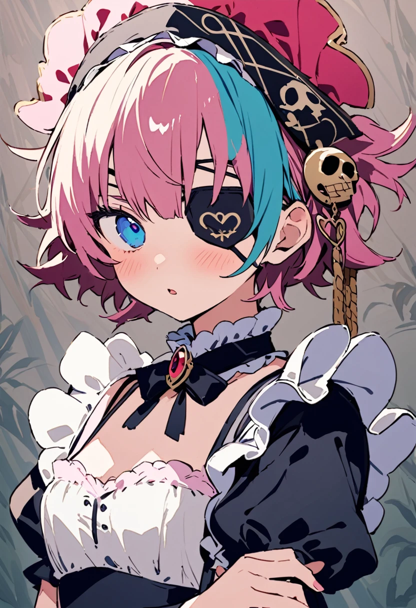 masterpiece, Highest quality, Illustration of the novel, High resolution, 18+ Adult content, Sensual, Intimate, Emotional, Passionate, romantic, sweet, Adorable, Innocent, Pure, Charmな, Charmな, Charm, mysterious, Charmな, Charmな, Immersive, Charmな, dream-like, Surreal, Imaginative, Whimsical, Artistic, Avant-garde, timeless, elegant, Sophisticated, chic, Sophisticated, personality, original, Charmな,((Maid clothes:1.3)),((Loli Pirate:1.3)),((Eye patch:1.3))、((Upper Body:1.3))