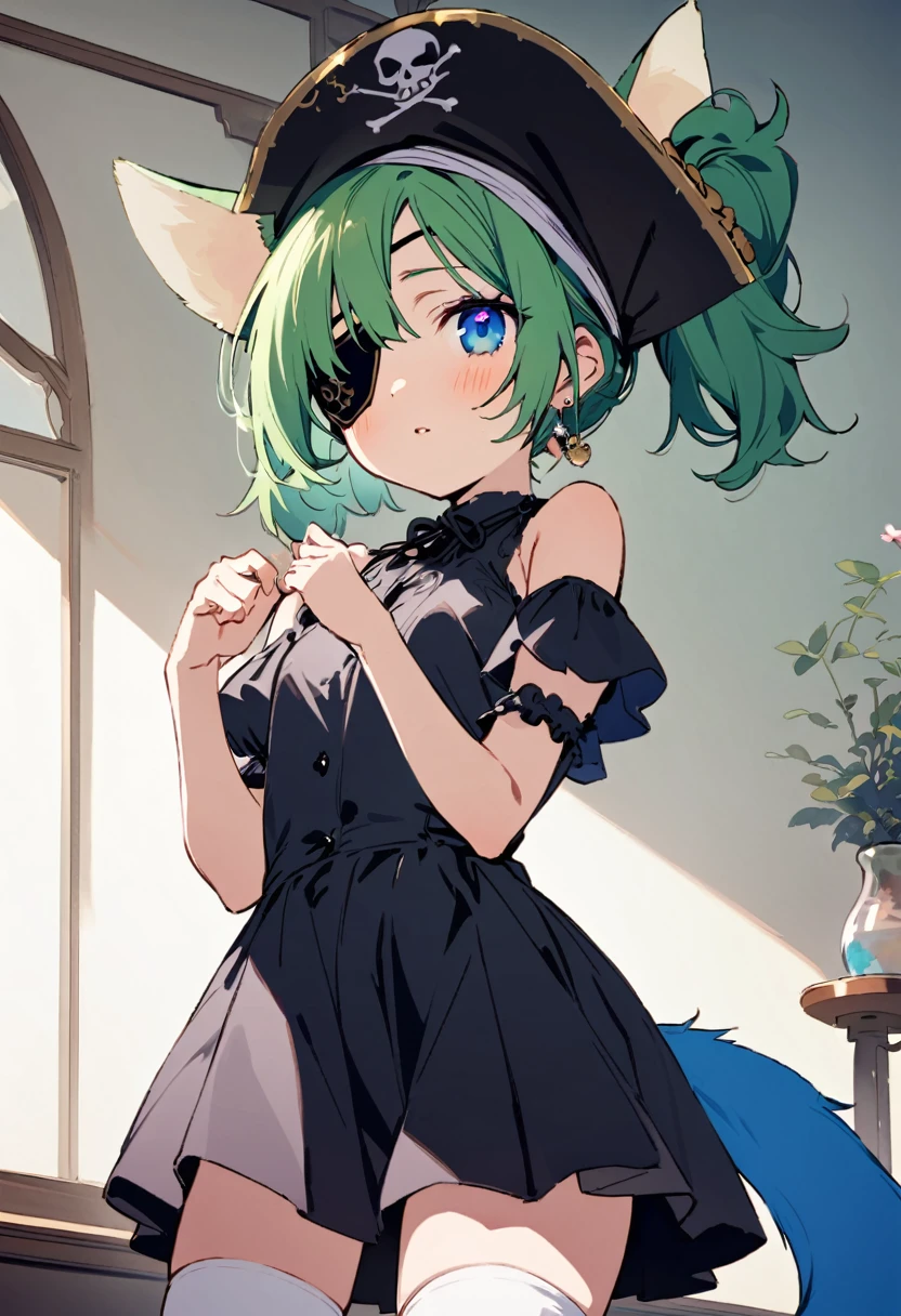 ((Back view:1.1)),masterpiece, Highest quality, Illustration of the novel, High resolution, 18+ Adult content, Sensual, Intimate, Emotional, Passionate, romantic, sweet, Adorable, Innocent, Pure, Charmな, Charmな, Charm, mysterious, Charmな, Charmな, Immersive, Charmな, dream-like, Surreal, Imaginative, Whimsical, Artistic, Avant-garde, timeless, elegant, Sophisticated, chic, Sophisticated, personality, original, Charmな,One Girl,Deltamon_beta, alone, blue eyes, Knee socks, Animal ears, Expose your shoulders, Blue Tail, Earrings,Removable sleeves, Green Hair, Sleeveless, Cat ear, bag, white Knee socks, Cat&#39;tail,pink backpack,Pink school bag,Lavender lace: Lavender Peter Pan collar lace dress, Paired with ivory tights and Mary Jane shoes.,Cherry-blossom viewing, azalea, satsuki, azalea blizzard,
rest ((Loli Pirate:1.3)),((Eye patch:1.3))、