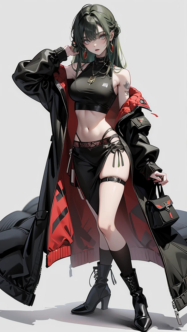 Highest quality、masterpiece、8k、Realistic、超High resolution、Very delicate and beautiful、High resolution、Muscle Girl、Perfect female body、Beautiful woman、Mature Woman、Green Hair、long hair、Six Pack、One tattoo、Earrings、Toned body、big 、Black military uniform、Tank top、I can see your belly、Luxurious clothing、boots、cigarette、Wild Pose、Full body emphasis、Simple Background