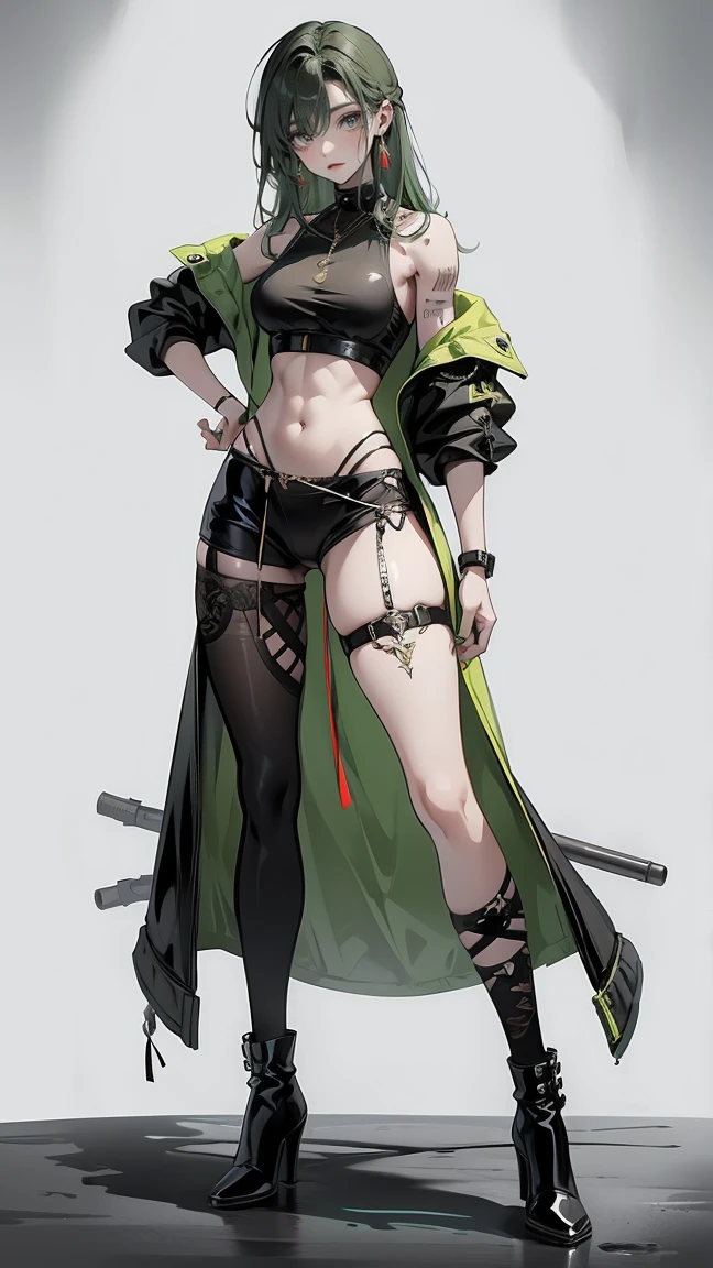 Highest quality、masterpiece、8k、Realistic、超High resolution、Very delicate and beautiful、High resolution、Muscle Girl、Perfect female body、Beautiful woman、Mature Woman、Green Hair、long hair、Six Pack、One tattoo、Earrings、Toned body、big 、Black military uniform、Tank top、I can see your belly、Luxurious clothing、boots、cigarette、Wild Pose、Full body emphasis、Simple Background