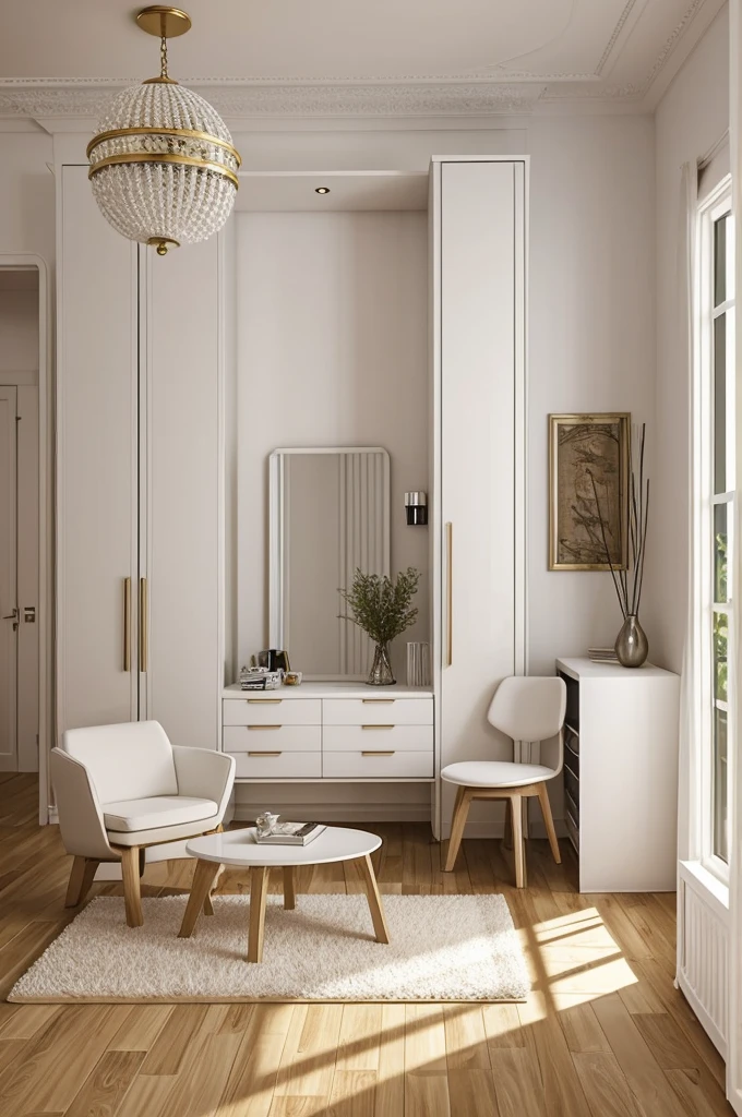 symmetrical room with white furniture, warm lighting (plano contra picado), con un espejo