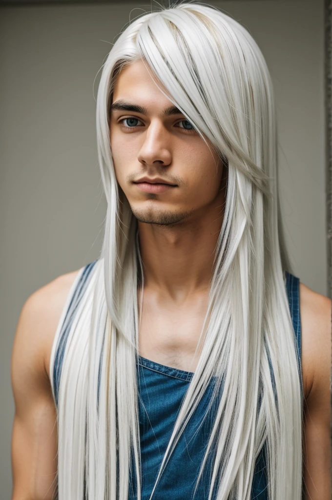 20 year old boy with medium size long hair and platinum white streak colored on hair