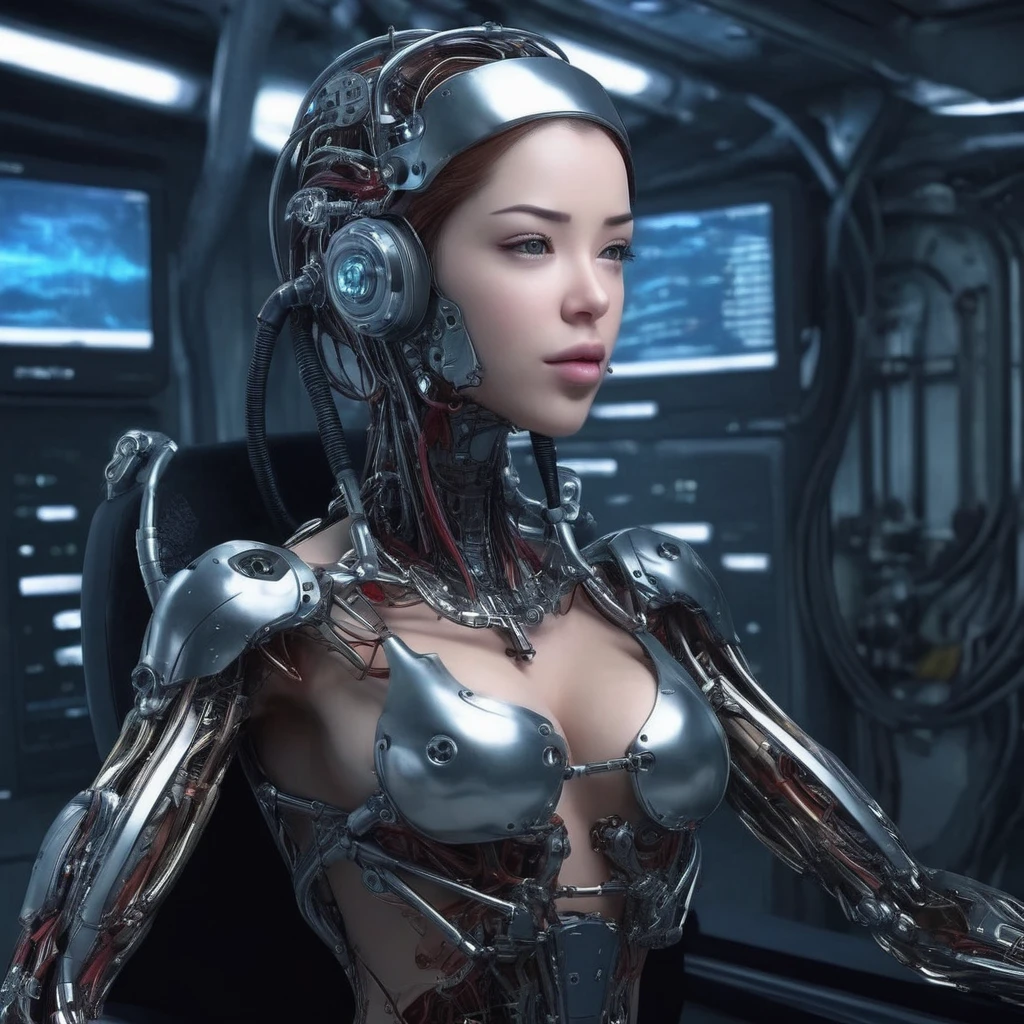 (((masterpiece))), ((best quality)), ((ultra-detailed)), (CG illustration), (an extremely devious and beautiful)), (cute desktop face), cinematic light, ((1 mechanical girl)), single, full, (machine-made joints). : 1.4), ((mechanical limb)), (blood vessel attached to tube), ((mechanical spine attached to back)), ((mechanical cervical vertebrae attached to neck), ((war machine)), expressionless, (wires and cables attached to head and body: 1.5), (character focus), science fiction