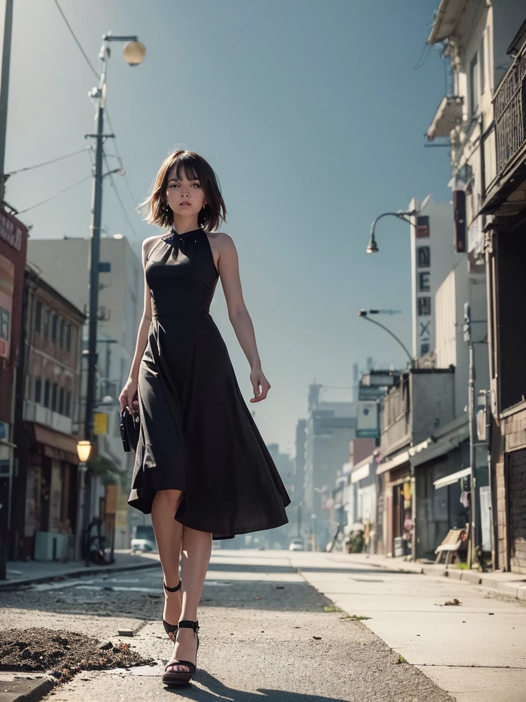 A cinematic photo of a brunette fashion model wearing a magical lilal flower petal-made dress, as she strides confidently through a desolate, dark post-apocalyptic cityscape, capturing the stark juxtaposition of beauty and decay, with the model's flawless skin glowing like a beacon of hope amidst the ravaged urban landscape. photographed with a shallow depth of field to blur the bleak surroundings, emphasizing her striking, rebellious pose. full body, golden hour.