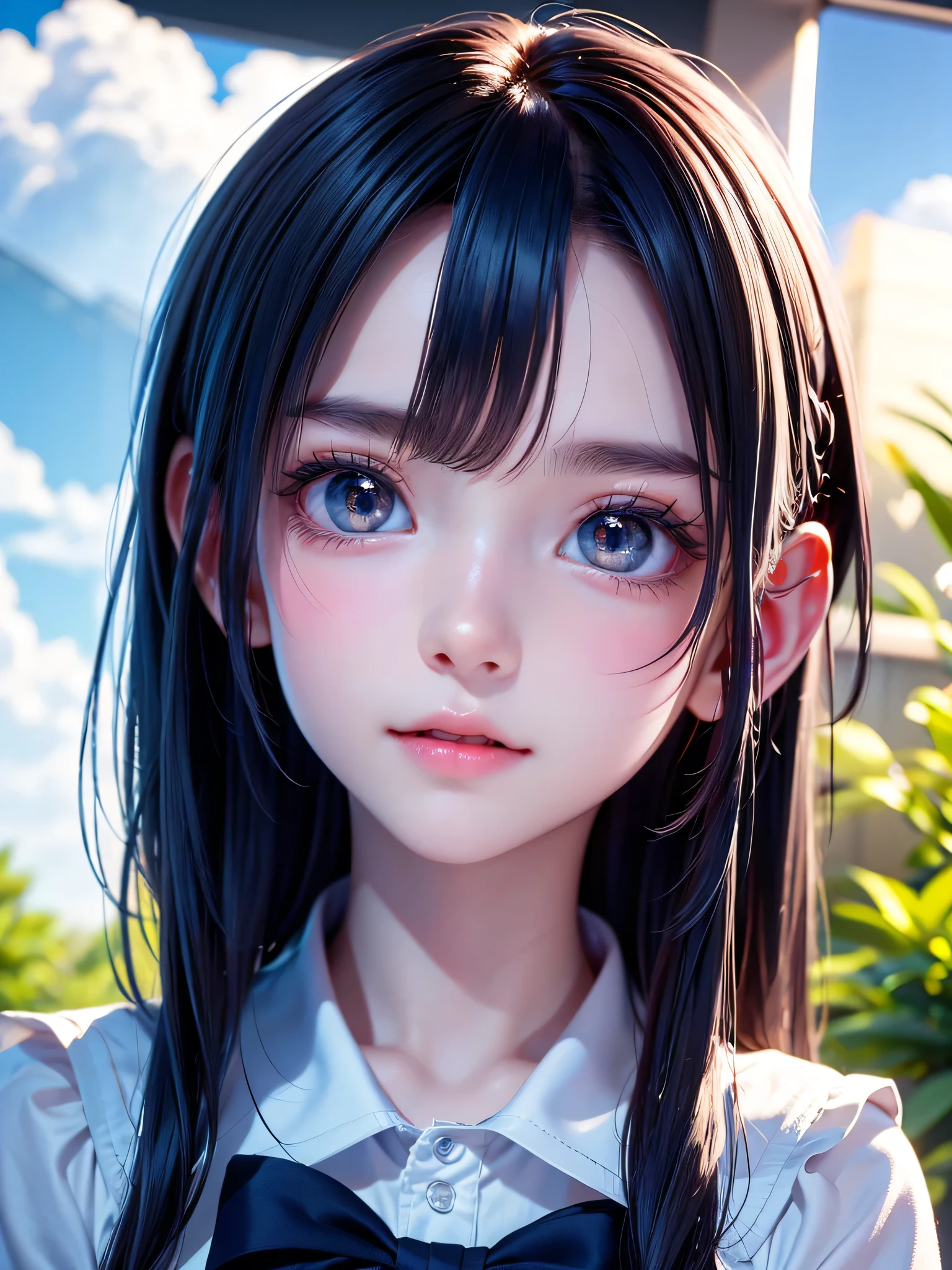 One Girl,(One very cute girl:1.3),masterpiece,Highest quality,High resolution,Photorealistic,RAW Photos,Ray Tracing,beautiful girl,(15 years old:1.3),cute,Big eyes,(detailed pupils:1.2),(The face is facing straight ahead:1.3),Body facing forward,Beautiful nose,Fuller lips,Short black hair,ponytail,short hair,Detailed eyelashes,Thin eyebrows,Very fine grain definition,(Symmetrical eyes:1.3),(Face close-up,Face Focus:1.0),Small breasts,White and navy blue sailor suit,uniform,grassland,Blue sky and white clouds,Portrait,View Viewer,From below,Cinema Lighting,High resolution,Very detailed