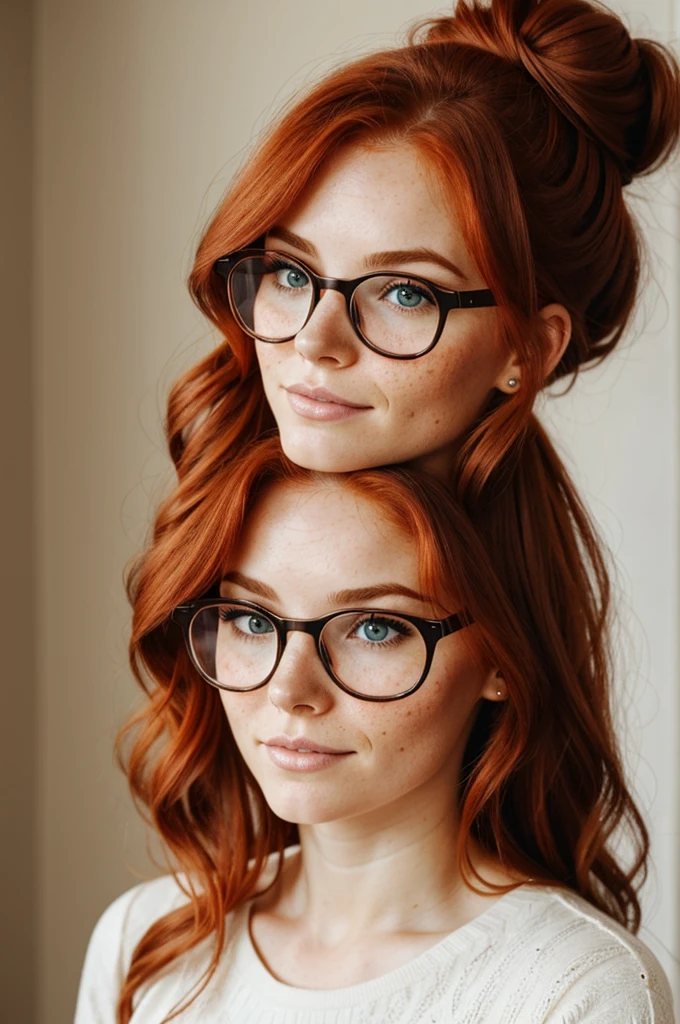 Redhead woman with long wavy hair in bun with freckles and glasses