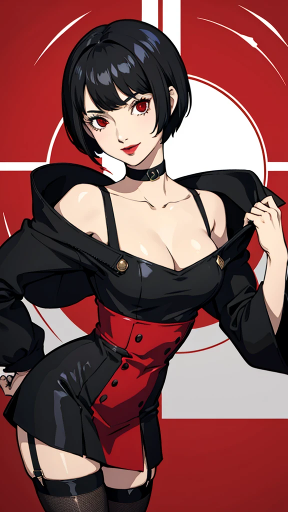 1 girl, Red eyes, very Short hair, black choker, lipstick, smile, black hair, female , tomboy Pixie haircut, bandeau, dress, stockings, half shot