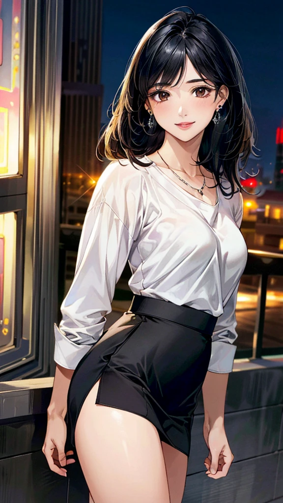 (masterpiece:1.3, Highest quality, Ultra-high resolution, Super detailed), (Realistic, photoRealistic:1.4), Beautiful illustrations, Perfect lighting, colorful, Depth of written boundary, 
Beautiful detailed hair, Beautifully detailed face, Beautiful fine details, Beautiful clavicle, Beautiful body, 美しいLarge Breasts, Beautiful thighs, Beautiful feet, Beautiful fingers, 
View Viewer、Front view:0.6, Beauty1人, Japanese, Beauty、30 years old, Perfect Face, (Perfect ???????, Anatomically correct), Cute and symmetrical face, Baby Face, , Shiny skin, 
((shirt:1.4)), ((drape skirt:1.5))、
(Black Hair, Medium Straight Hair:1.4),  Dark brown eyes, Large Breasts, Slim body, 
necklace, (Small earrings:1.3), 
(Beautiful views), (night), (city, cityscape in the distance), Are standing, A soft smile、(Smile, Lips parted), 