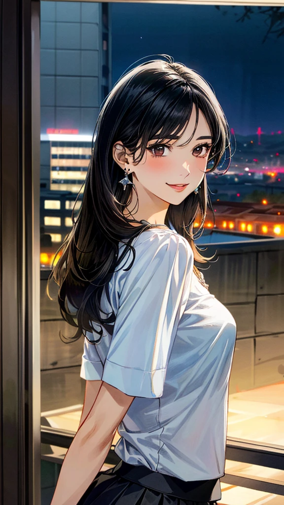 (masterpiece:1.3, Highest quality, Ultra-high resolution, Super detailed), (Realistic, photoRealistic:1.4), Beautiful illustrations, Perfect lighting, colorful, Depth of written boundary, 
Beautiful detailed hair, Beautifully detailed face, Beautiful fine details, Beautiful clavicle, Beautiful body, 美しいLarge Breasts, Beautiful thighs, Beautiful feet, Beautiful fingers, 
View Viewer、Front view:0.6, Beauty1人, Japanese, Beauty、30 years old, Perfect Face, (Perfect Anatomy, Anatomically correct), Cute and symmetrical face, Baby Face, , Shiny skin, 
((shirt:1.4)), ((drape skirt:1.5))、
(Black Hair, Medium Straight Hair:1.4),  Dark brown eyes, Large Breasts, Slim body, 
necklace, (Small earrings:1.3), 
(Beautiful views), (night), (city, cityscape in the distance), Are standing, A soft smile、(Smile, Lips parted), 