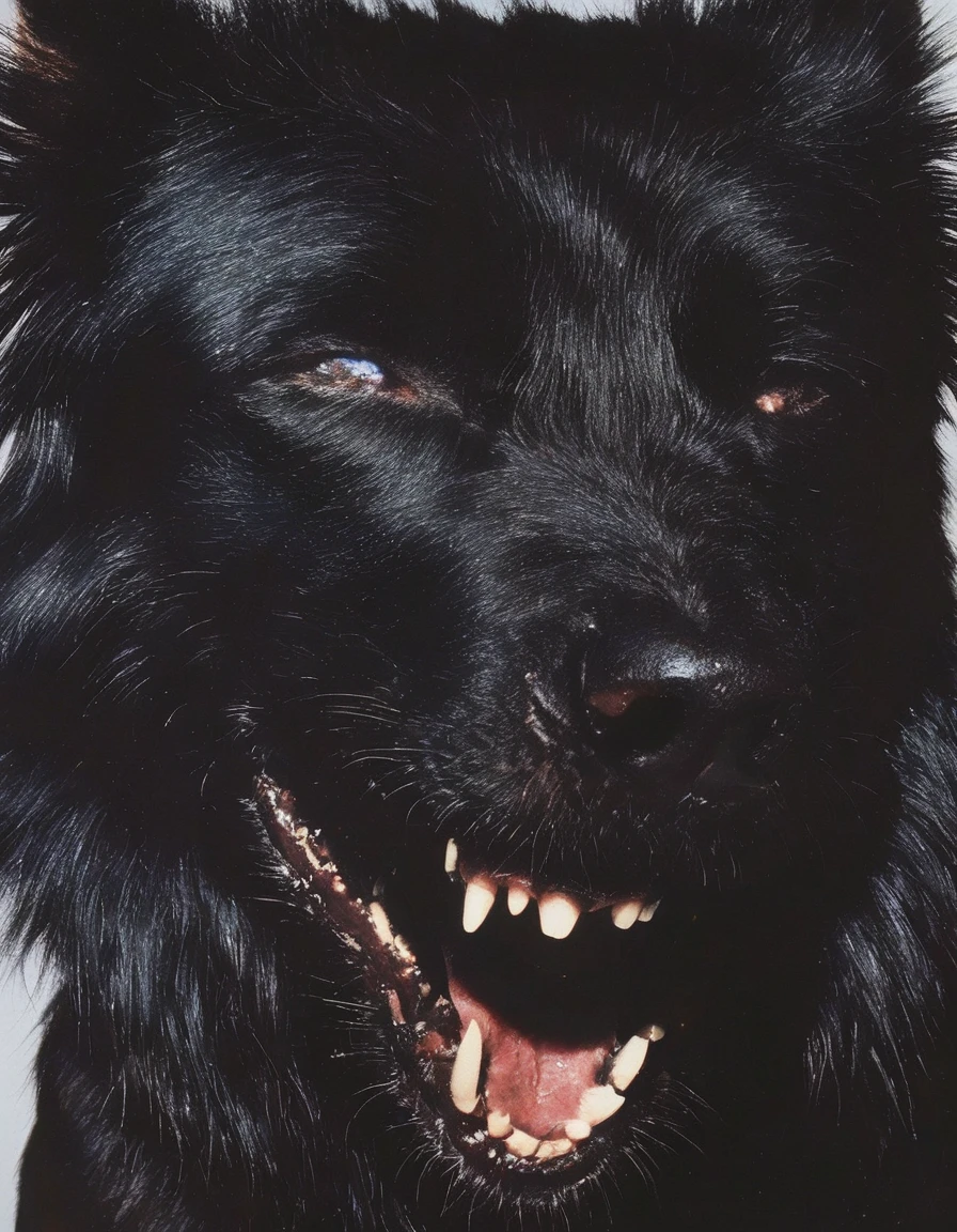 close up face of black dog with giant fangs all over head