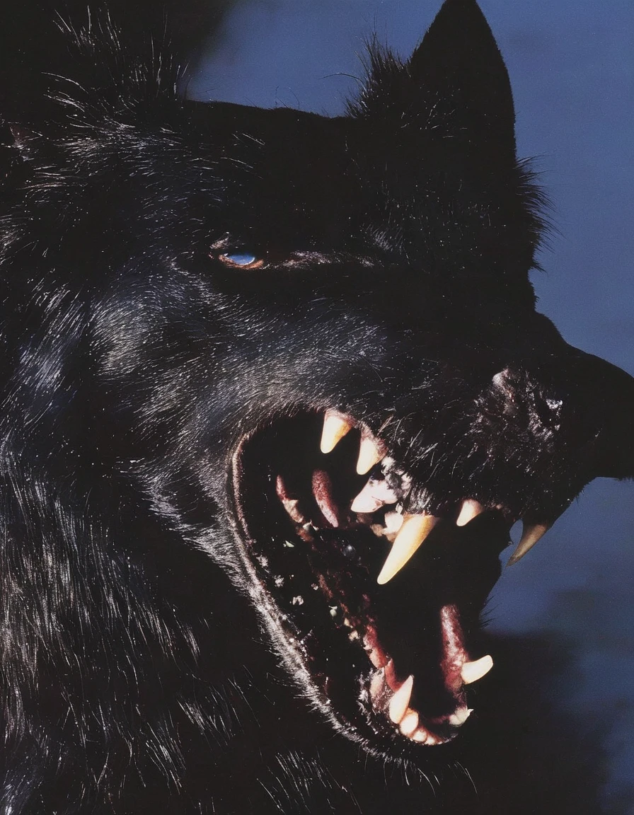 close up face of black dog with giant fangs all over head