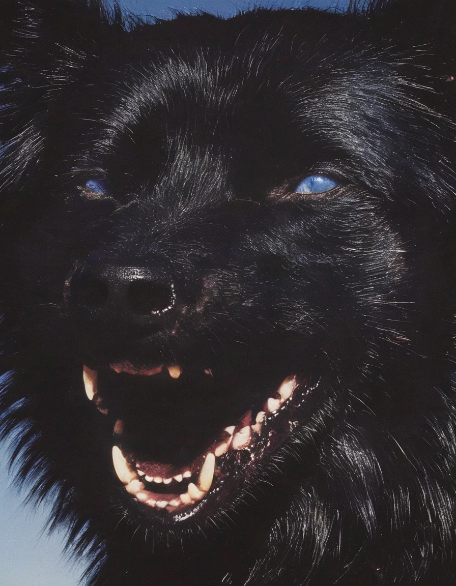 close up face of black dog with giant fangs all over head